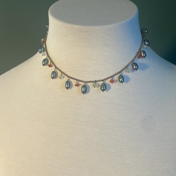 Grey Pearl Necklace, Silver Pebble Pearl and gemstone Necklace, - Picture 1 of 2